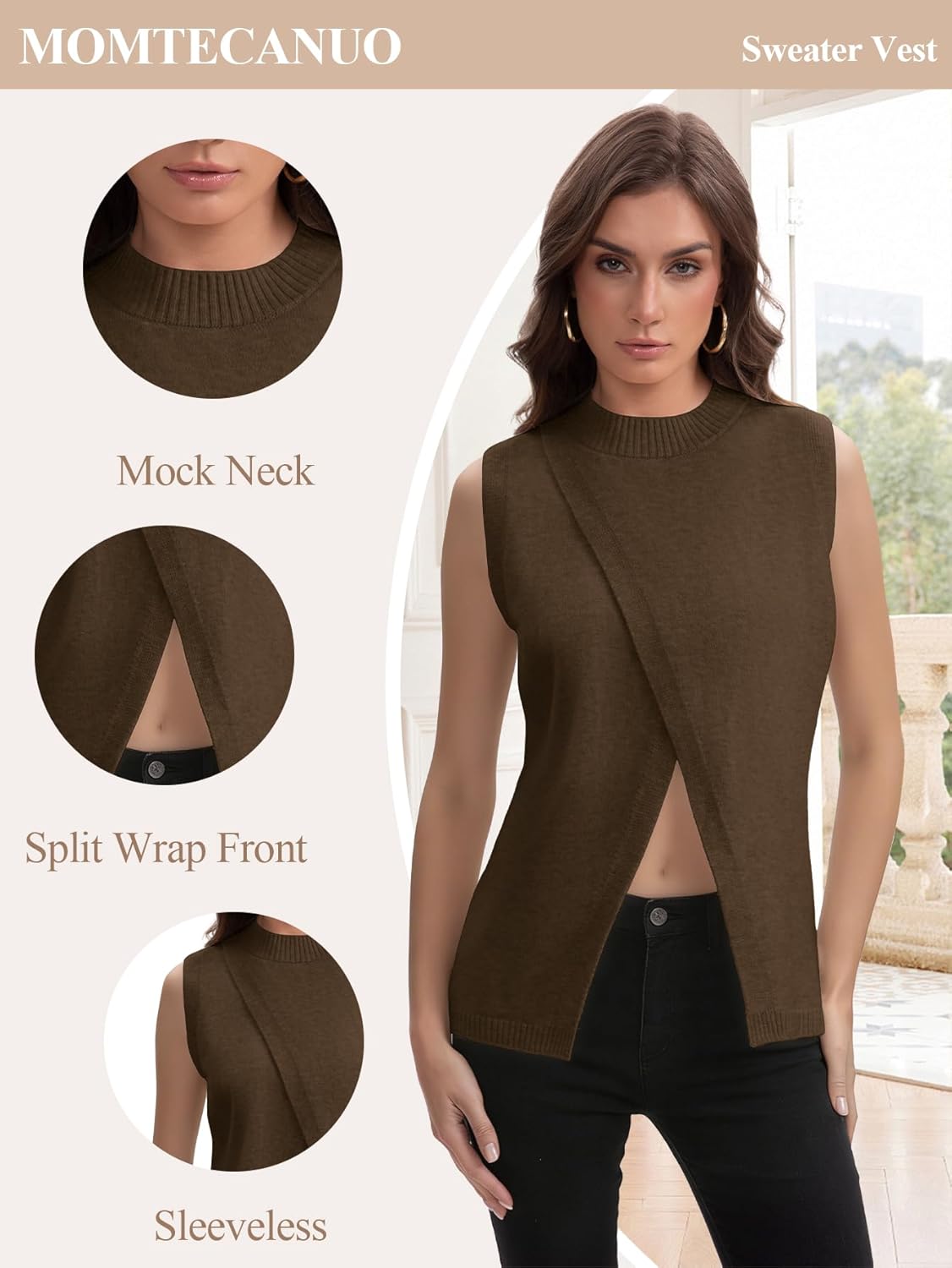 Women's Sweater Vest, Trendy Split Front Vest Top Y2k Sleeveless Mock Neck Pullover Sweater Knit Layering Outfits - Image 3