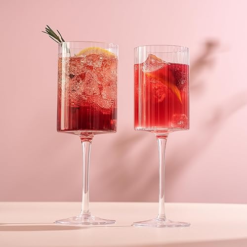 Miniatura 22 de JoyJolt Elle Copas de vino estriadas, juego de 2 copas de vino tinto de 17.5 onzas, copas de tallo único con tallo largo grande, copas de cóctel