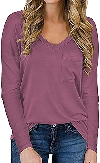 Las Mujeres De OtoñO E Invierno De Color SóLido con Cuello En V Suelta Casual Commuter Bolsillo De Manga Larga Camiseta