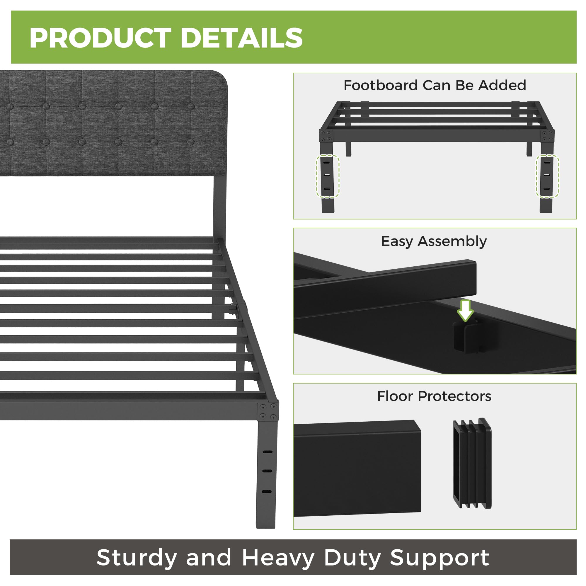 Lutown-Teen Cama 90 x 200 cm con Cabecero Tapizado Curvo, Somier 90x200 de Metal con Soporte de Lamas de Acero, Altura 36 cm, Almacenamiento Debajo de la Cama, Fácil Montaje, Libre de Ruidos, Negro