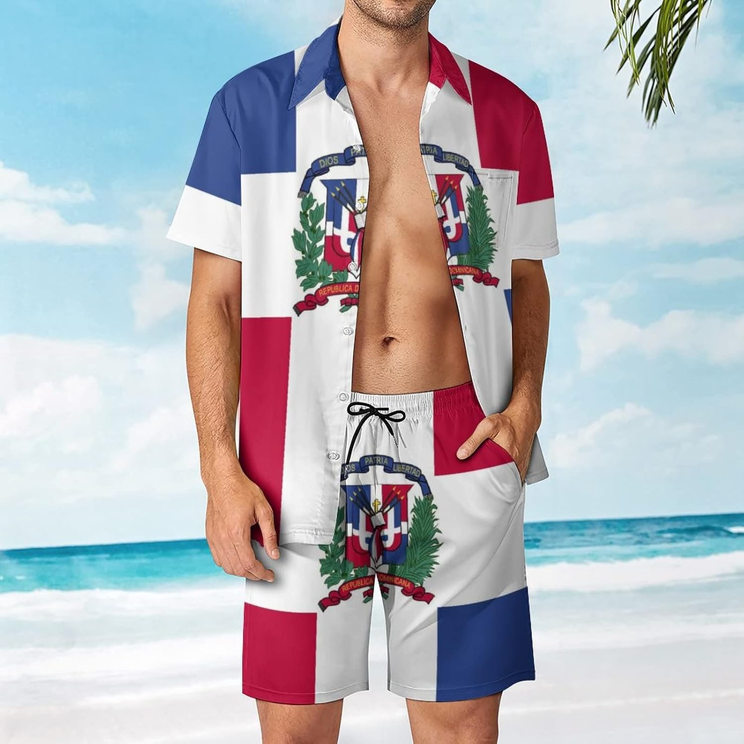 Adugen Origei Party Shorts Shirt Men Swim Trunks Quick Dominican Flag Dry Surfing Beach Shorts with Pockets Casual Beach Suit M