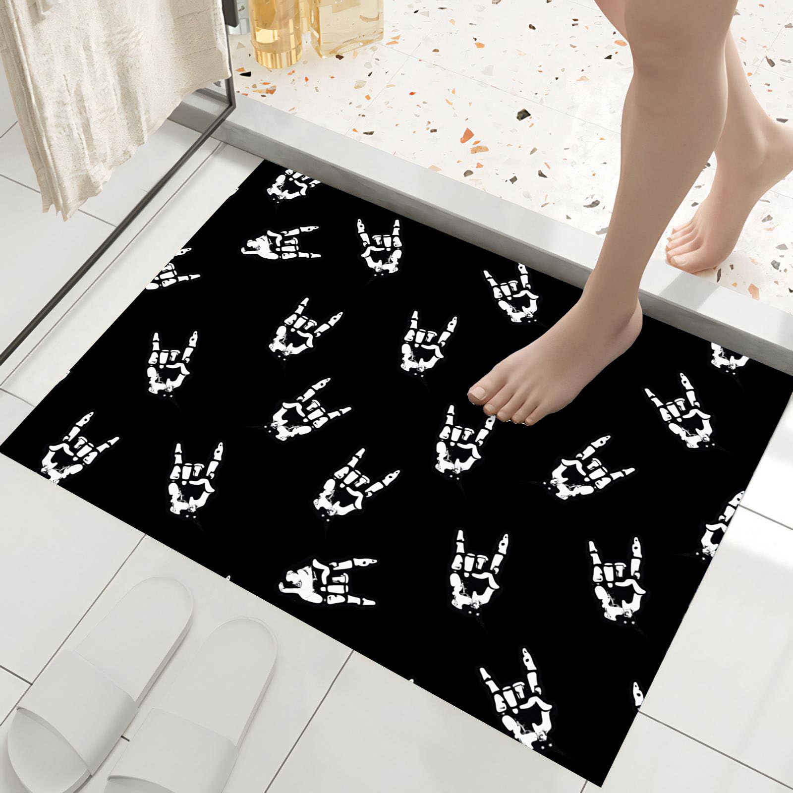 Tappetino da 80x120cm, Nero Strada Buia Pieghevole Sottile, Zerbino Lavabile Stampa Gesti Delle Mani Nella Musica Rock Teschi Antiscivolo, per Porta di Casa, Ingresso, Patio, Corridoio