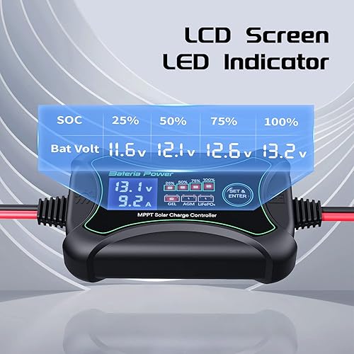 Miniatura 4 de Controlador de carga solar MPPT de 10 A, regulador solar inteligente de batería de 10 amperios y 12 voltios con pantalla LCD y luz indicadora LED