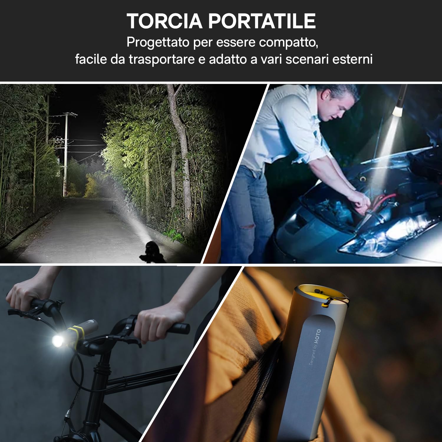 HOTO LED Torcia Ricaricabile, Ricarica USB-C, 3 Modalità, Fino a 24 Ore, 1500 mAh, 300 Lumen, 200 M, IP55 Impermeabile, per Campeggio, Escursionismo, Emergenza, Alpinismo