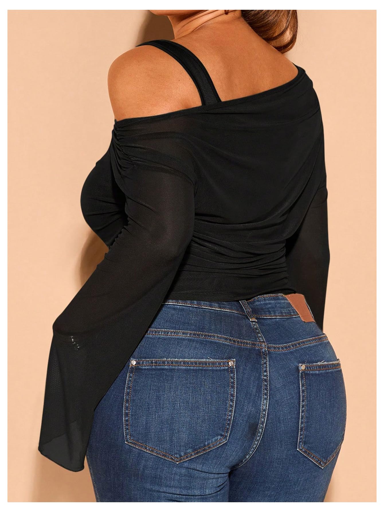 WDIRARA Women's Plus Size 2 in 1 Off Shoulder T Shirt Ruched Sheer Bell Long Sleeve Tee: XX-Large Plus Deep Blue