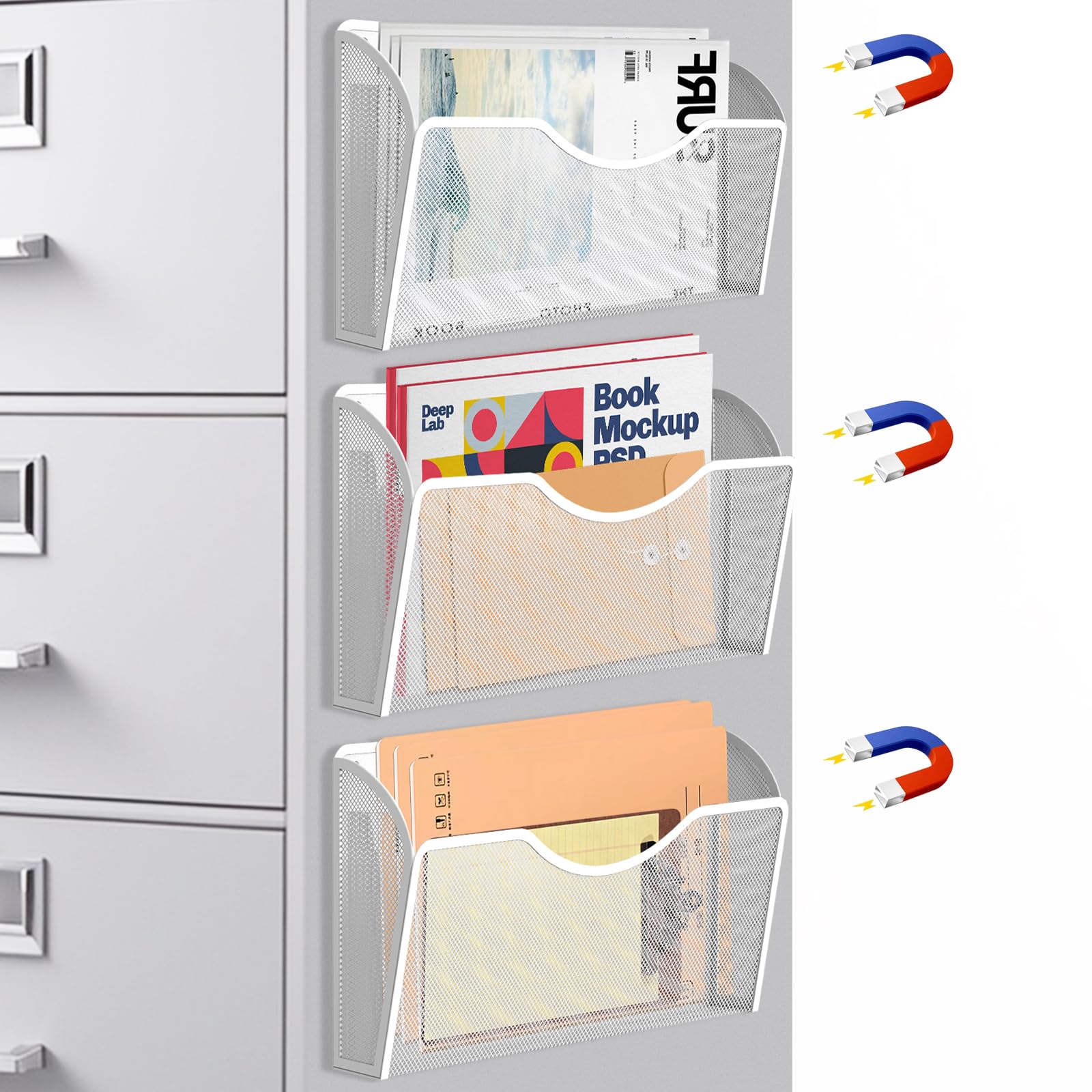 3 Pcs Magnetic File Holder for File Cabinets, Folder Holder Organizer- No Drilling Paper Document Holder, Large Capacity Office Hanging Magazine Rack
