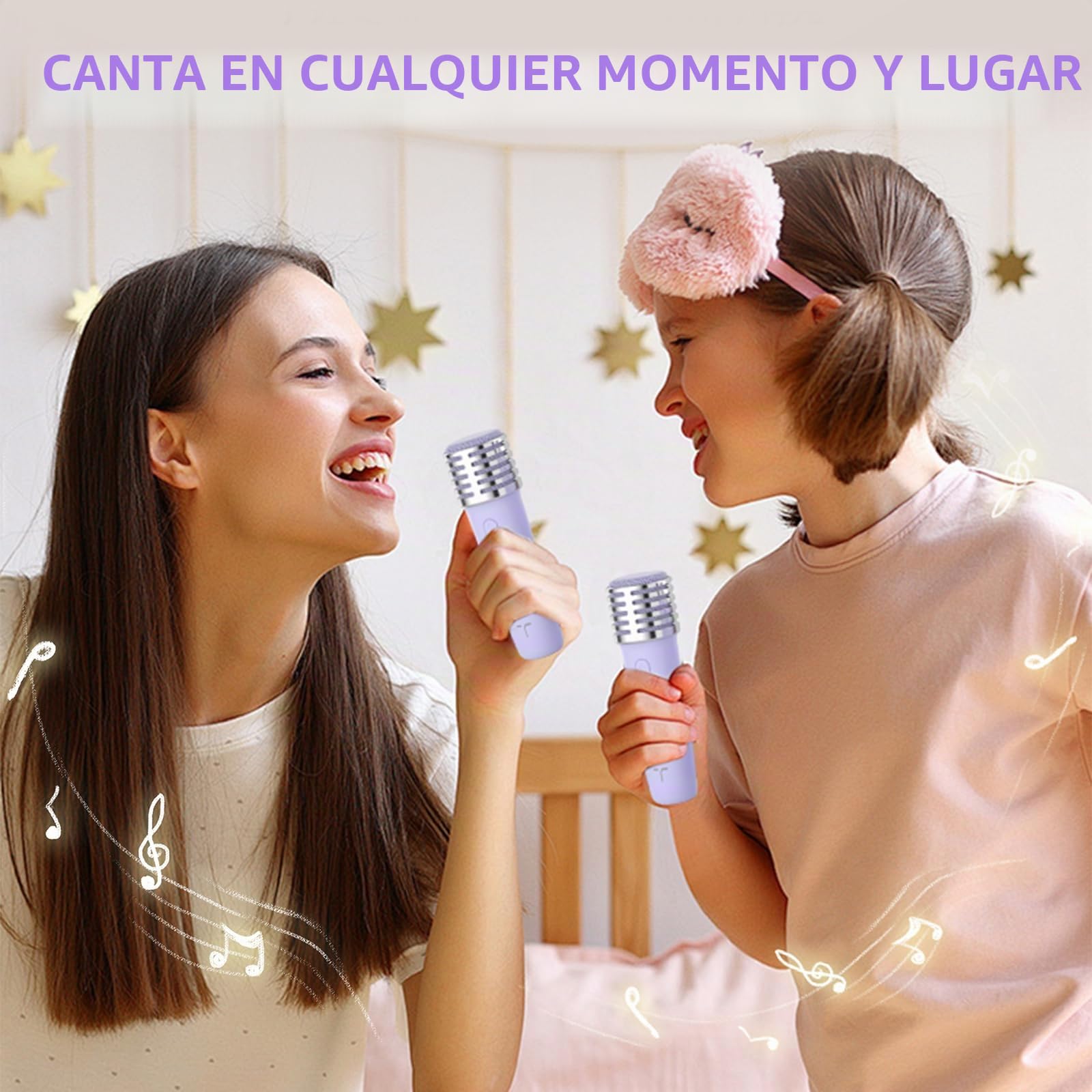 Karaoke para niños con 2 micrófonos, Regalo niña 3-12 años micrófono Bluetooth para niños y niñas, portátil máquina de Karaoke con diseño Soporte para teléfono (Violeta)