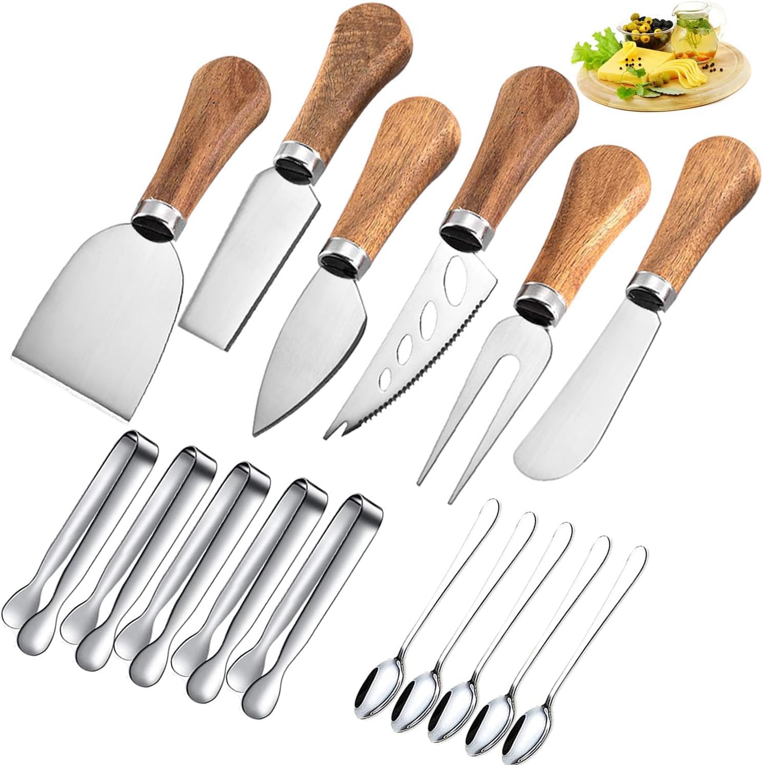 YUANQIAN 21Pcs Charcuterie Board Accessories Spreader Knife Set Cheese Butter with Wooden Handles Mini Serving Tongs Spoons Forks Toothpick Flags for Party Wedding Christmas