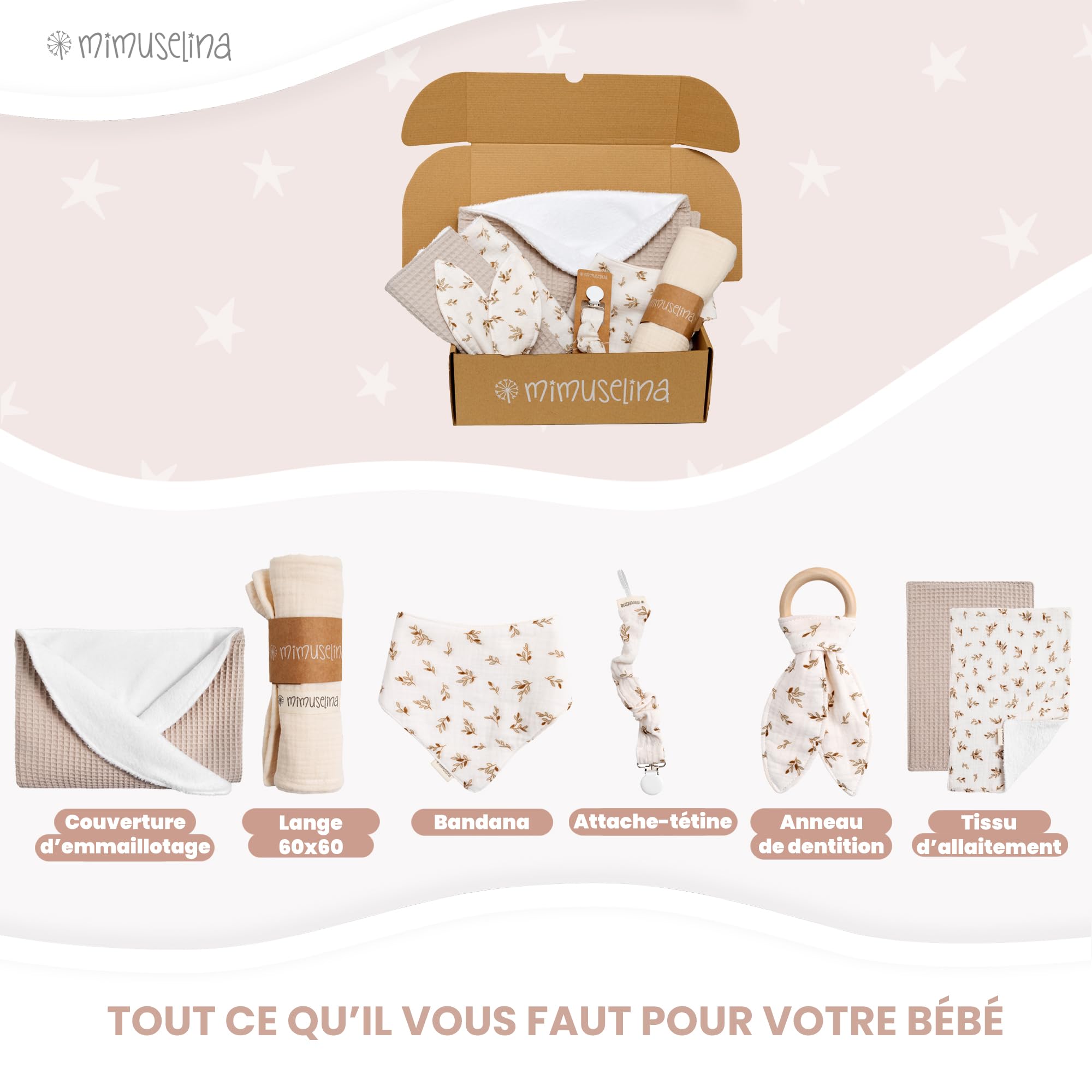 MIMUSELINA Coffret Naissance Fille ou Garçon | Coffrets Cadeaux pour Bébé | Coffret de Naissance Mixte pour Cadeau Nouveau Né | Disponible en Différentes Tailles | Sahara, Medium - 4