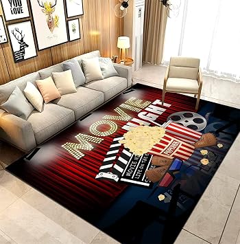 Full Size Vintage Movie Area Rug 6x8ft Movie Theater Decor Accessories Home Theater Rug Cinema Sign Washable with Non-Slip Backing Home Decor Gamer Room Decor Living Room Bedroom...