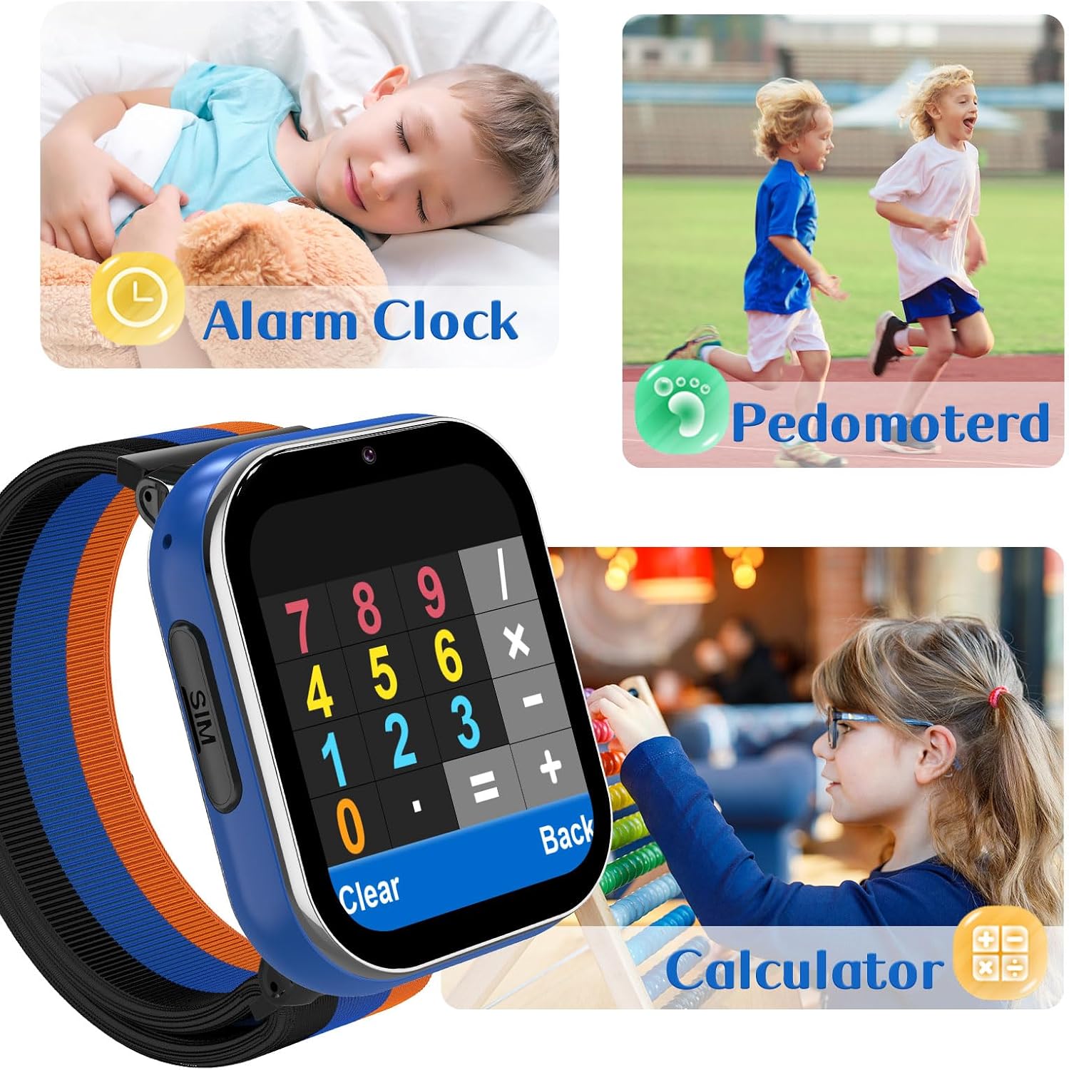 Image showing the two-way calling feature on the PTHTECHUS Kids Smartwatch and a phone, with an emphasis on the SOS button being long-pressed.