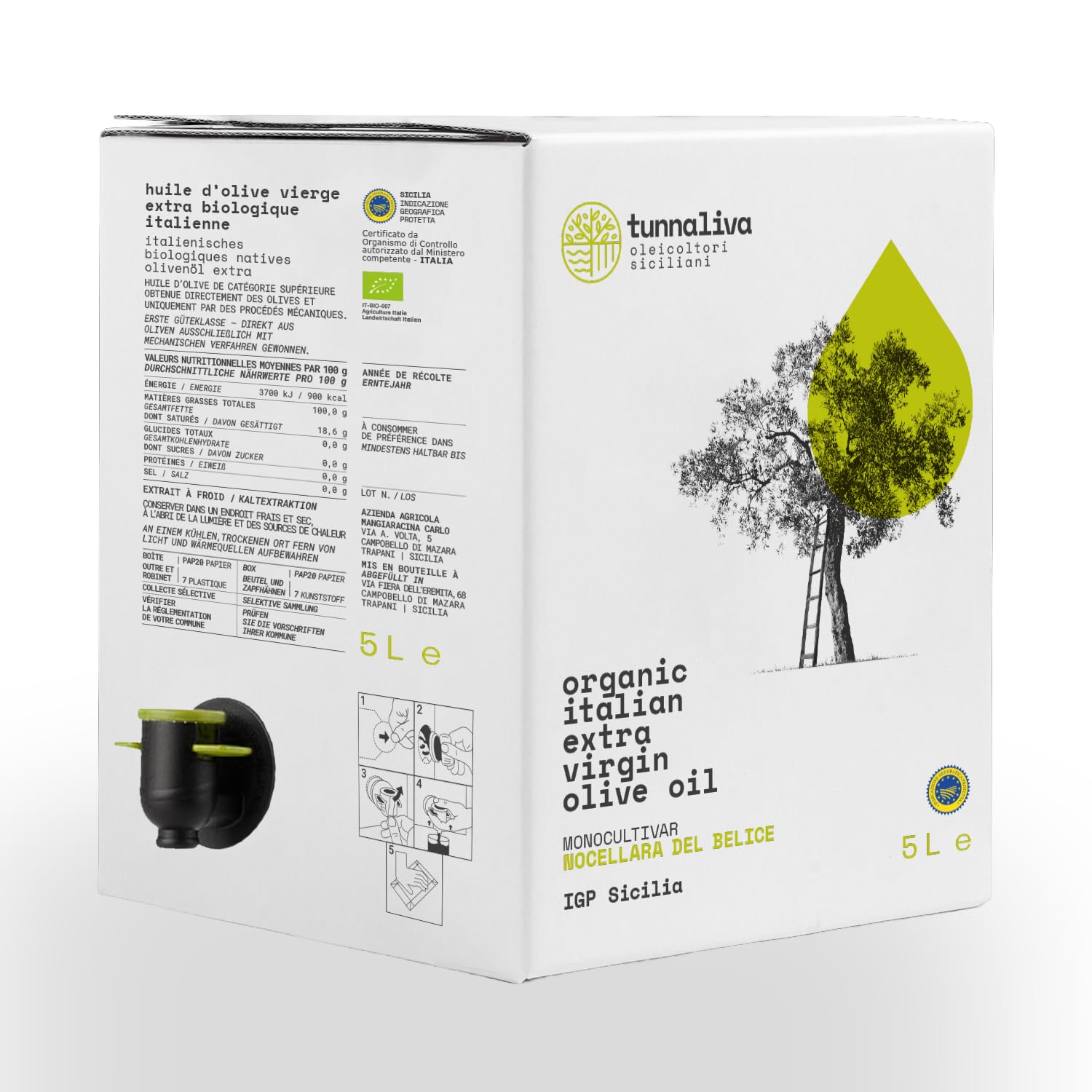 Huile d'Olive Extra Vierge Biologique Italienne Tunnaliva - 5L Bag-in-box