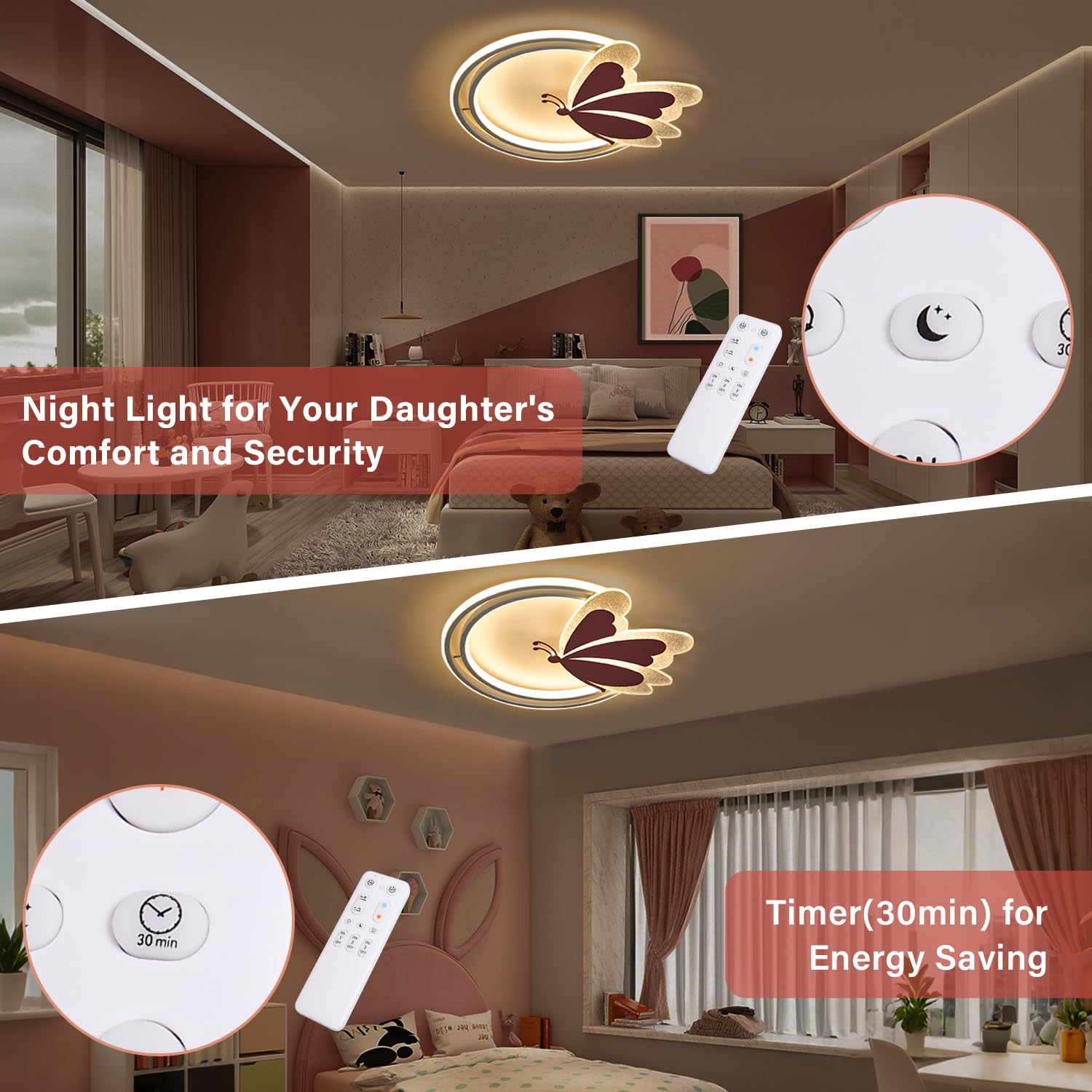 LED Deckenleuchte Schmetterling 48W Dimmbar mit Fernbedienung, Farbtemperatur 3000–6500K, Nachtlicht, Timer, Memory-Funktion, Deckenlampe für Kinderzimmer & Schlafzimmer, 4800lm, 47x40cm, Metall
