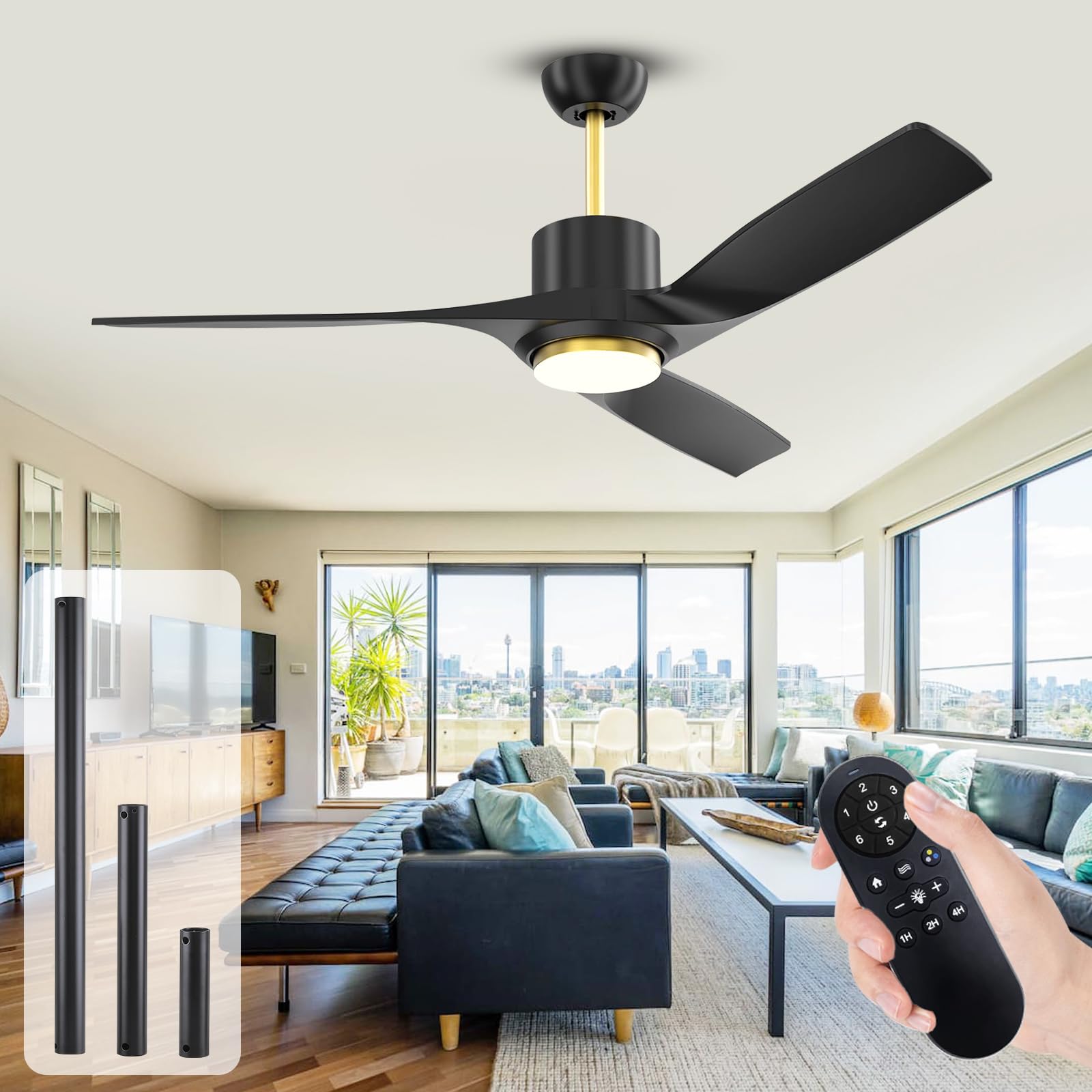 XCWIIECeiling Fan with Lights and Remote Outdoor Patio Ceiling Fans Modern Black Ceiling Fan with 3 Blades, Quiet Reversible DC Motor, 52 Inch Indoor Ceiling Fans for Bedroom Kitchen Garage