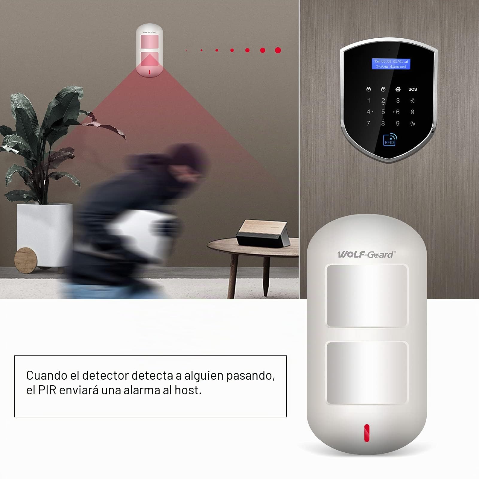 Wolf-Guard WM2GR-P Sistema de Alarma de Seguridad WiFi y gsm de 433 MHz con Sensor de Movimiento Adecuado para Mascotas, Sensor de Ventana de Puerta de Alarma de batería Baja, Etiqueta RFID