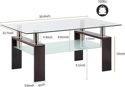 Miniatura 12 de Mesa de centro de vidrio templado para muebles de sala de estar (todo negro) Todo negro,Negro,Lift Top Negro,Nogal