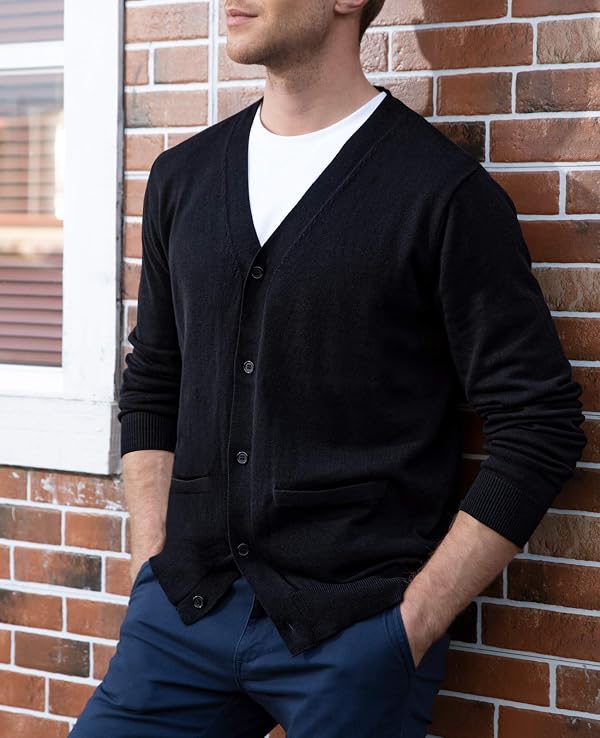QUALFORT Men's 100% Cotton V Neck Button Down Cardigan Sweater with Pockets by QUALFORT - Used condition - Image 3