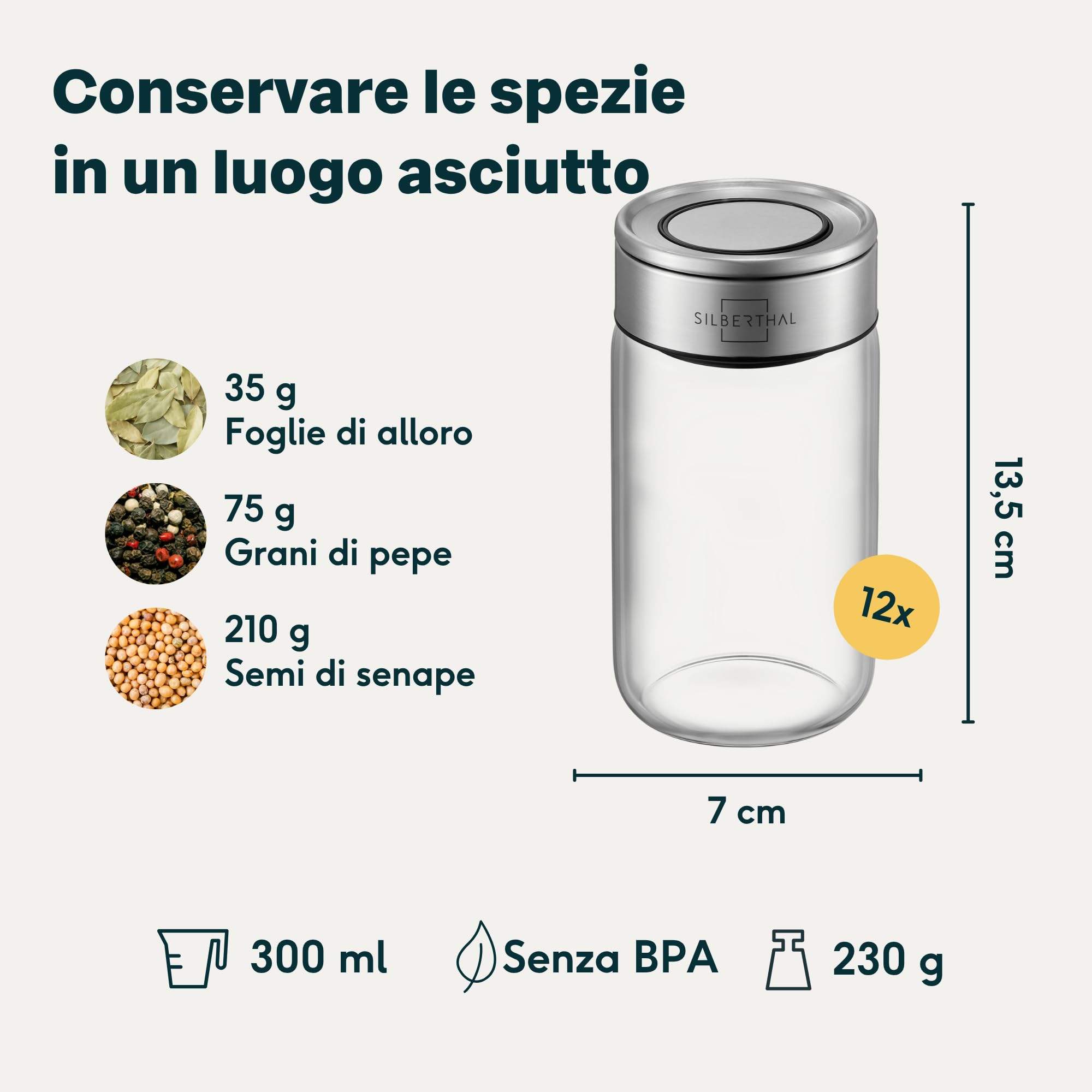 SILBERTHAL Set 12 barattoli porta spezie in vetro 300 ml – Coperchio inox