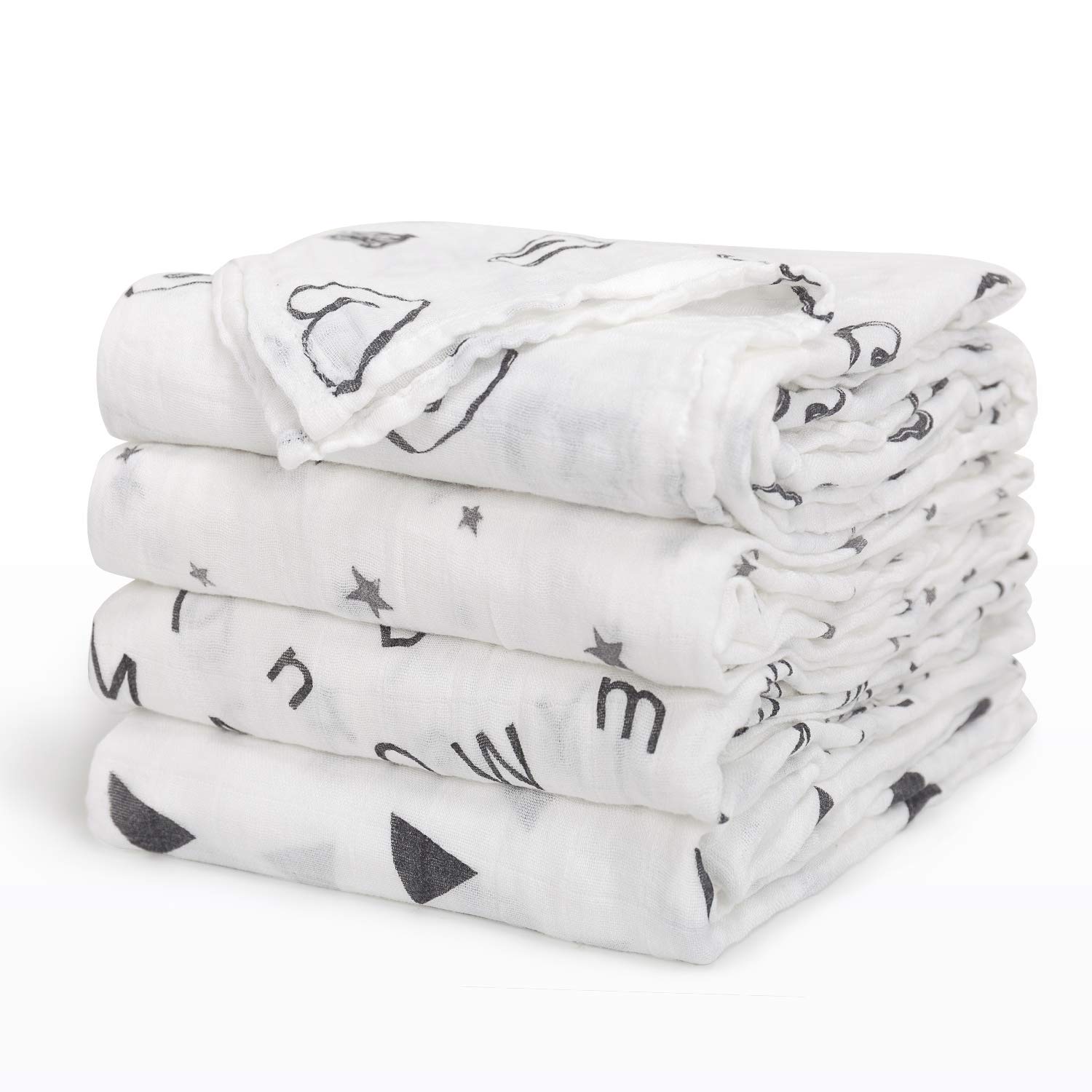 upsimples Baby Swaddle Blanket Unisex Swaddle Wrap Soft Silky Bamboo Muslin Swaddle Blankets Neutral Receiving Blanket for Boys and Girls, Large 47 x 47 inches, Set of 4-Heart/Star/Alphabet/Triangle