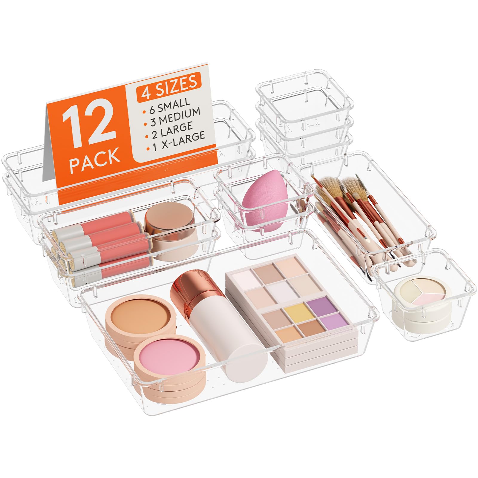 Lifewit 12 Pcs Makeup Drawer Organiser, Plastic Storage Boxes, Dividers for Desk, Vanity, Dressing Table, Cupboard, Office Bedroom Accessories, Kitchen Storage& Organisation, Room Decor