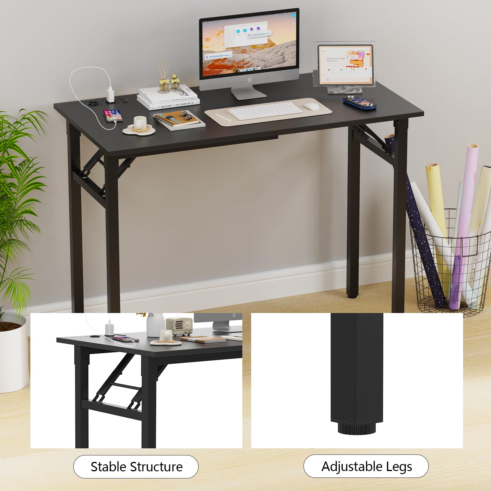 Schreibtisch Klapptisch 100x50cm mit Steckdose, Klappbarer Computertisch, Tragbarer Bürotisch, Klappschreibtisch für Zuhause, Büro, Kleiner Platzsparender, Schwarz