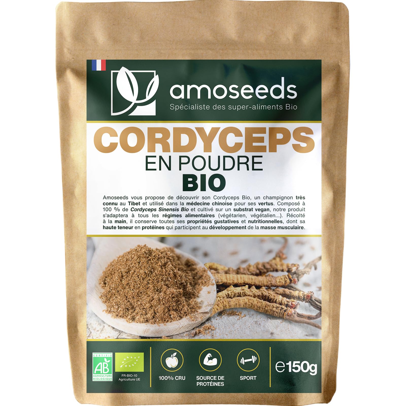 Cordyceps en Poudre Bio 150G | Qualité Supérieure | Anti-fatigue, Anti-stress, Énergie, Immunité