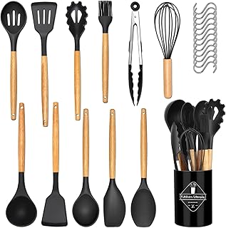 24 Pièces Kit Ustensiles de Cuisine, Set de couverts de cuisine, poignée en bois, résistant à la chaleur, Ensemble de Cuisine sans BPA, Antiadhésif