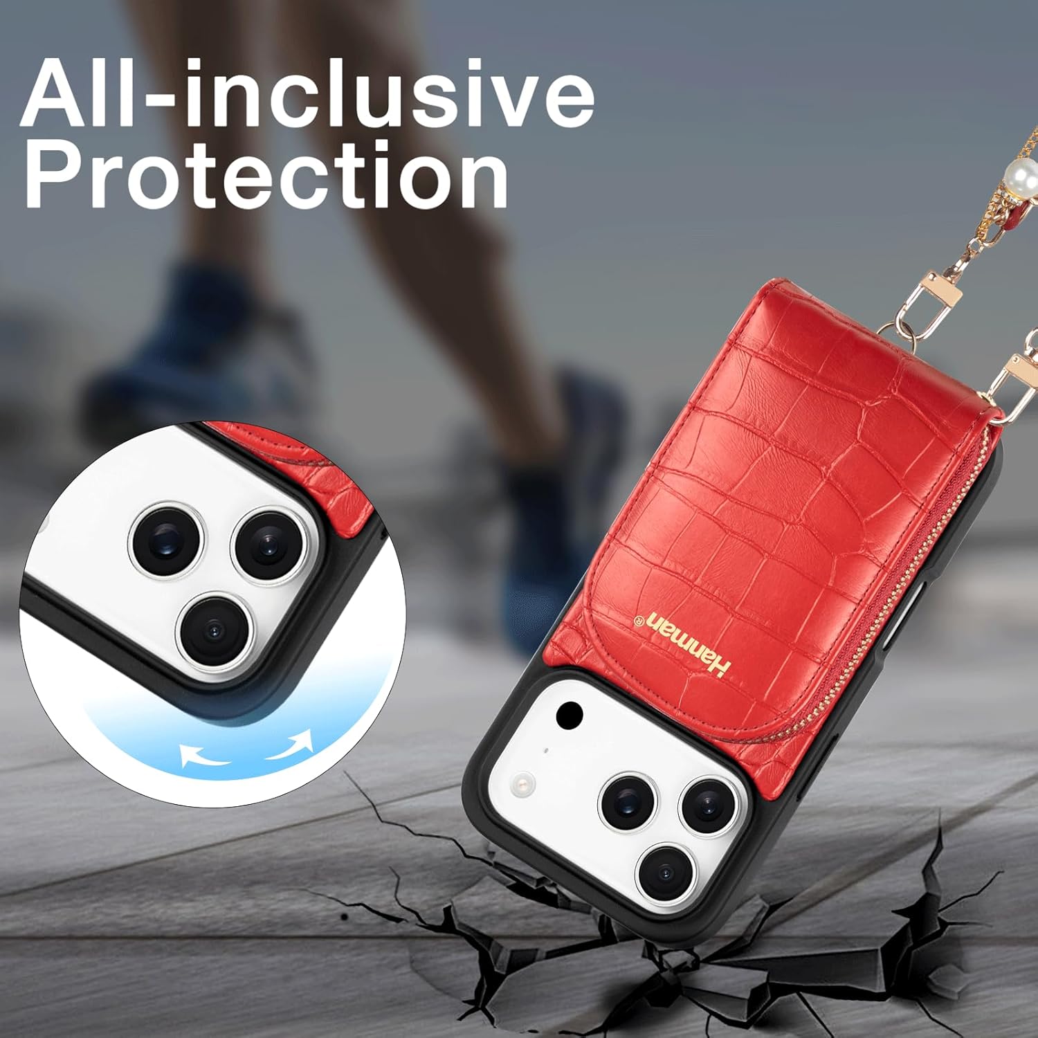 Hanman Magnetic Wallet Case for iPhone 17 Pro,RFID Blocking Leather Zipper Purse Magnetic Case with Chain Patche for iPhone 17 Pro,2 in 1 Detachable Magnetic Wallet Cover-Red