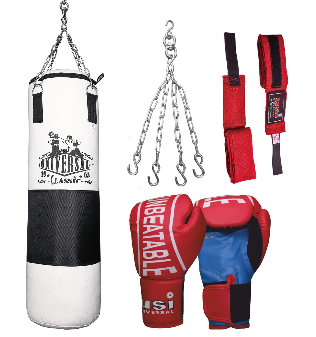 USI Universal Boxing Kit With 626C Tough Canvas Unfilled Boxing Punching Bag, Boxing Gloves, 1 Pair Hand Wraps (108") & 4-Legs Hanging Chain for Boxing Martial Art Kickboxing Training (With 90cm Bag) (B0C1P8DF6Z) Amazon Price History, Amazon Price Tracker