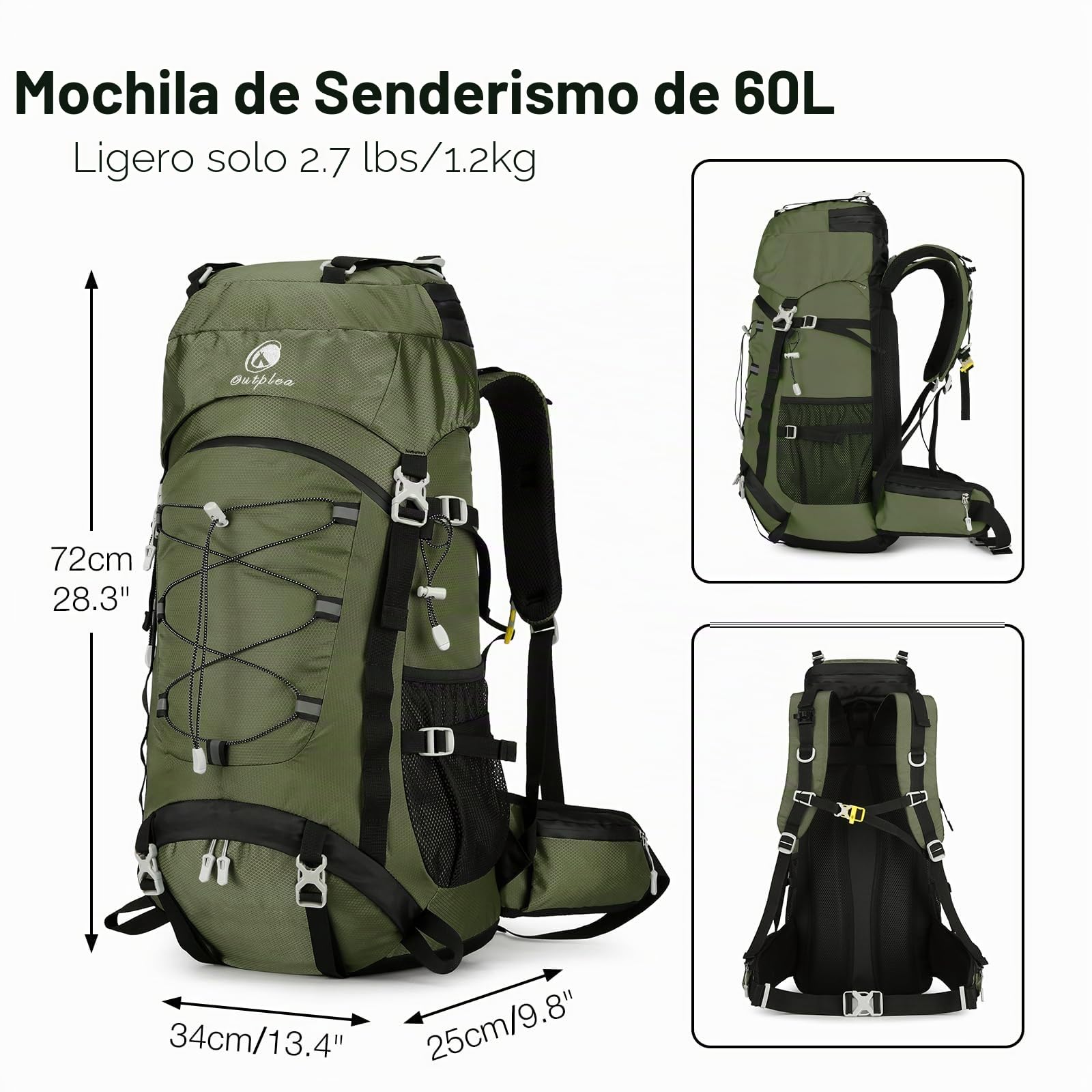 Mochila de Senderismo 60L Impermeable con Cubierta de Lluvia, Mochila de Montaña y Trekking para Hombre Mujer, Verde