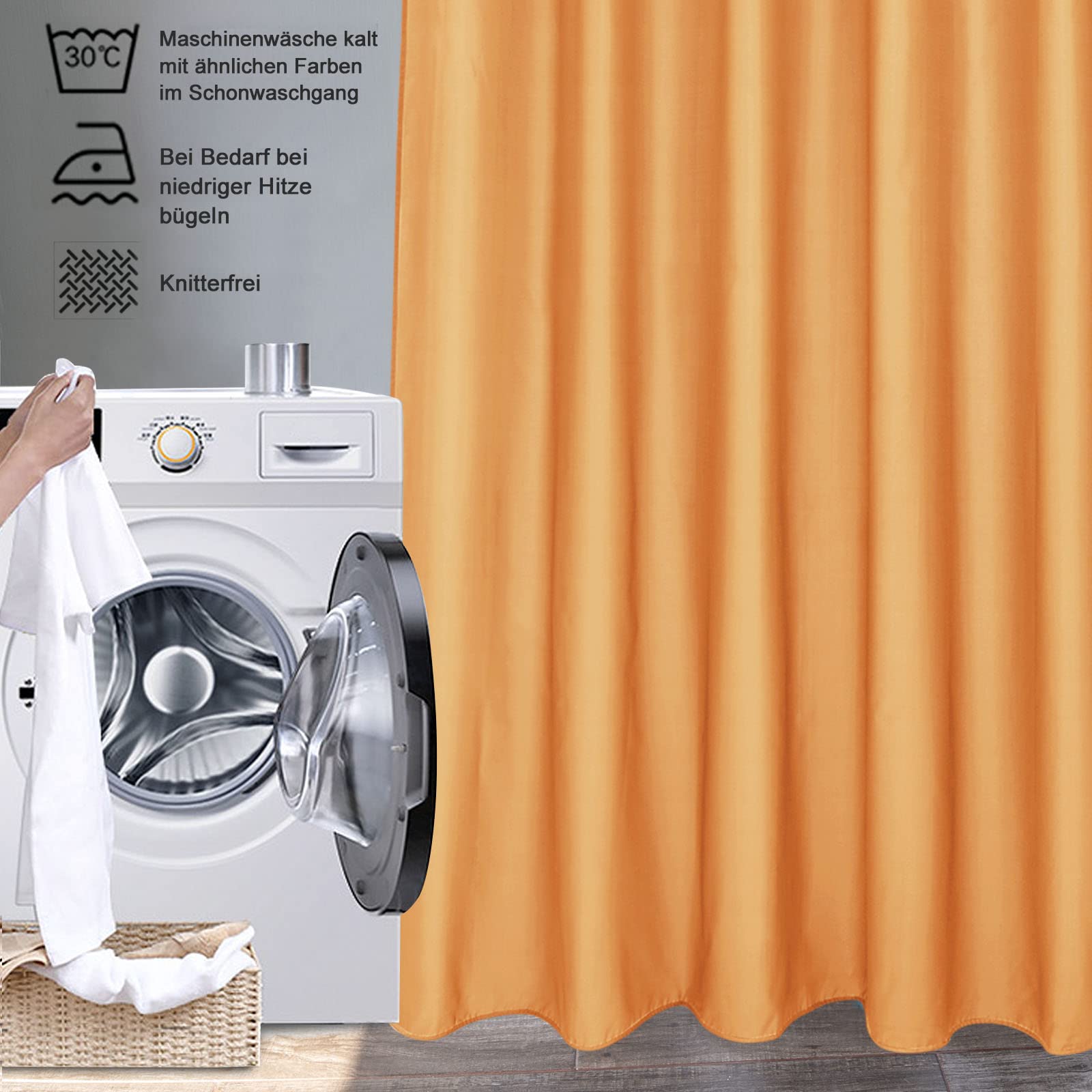 EurCross Cortina de ducha de 180 x 200 cm, tela de baño, cortina de baño para bañera y ducha, cortina de baño naranja de tela de poliéster, antimoho, impermeable y lavable con 12 anillas