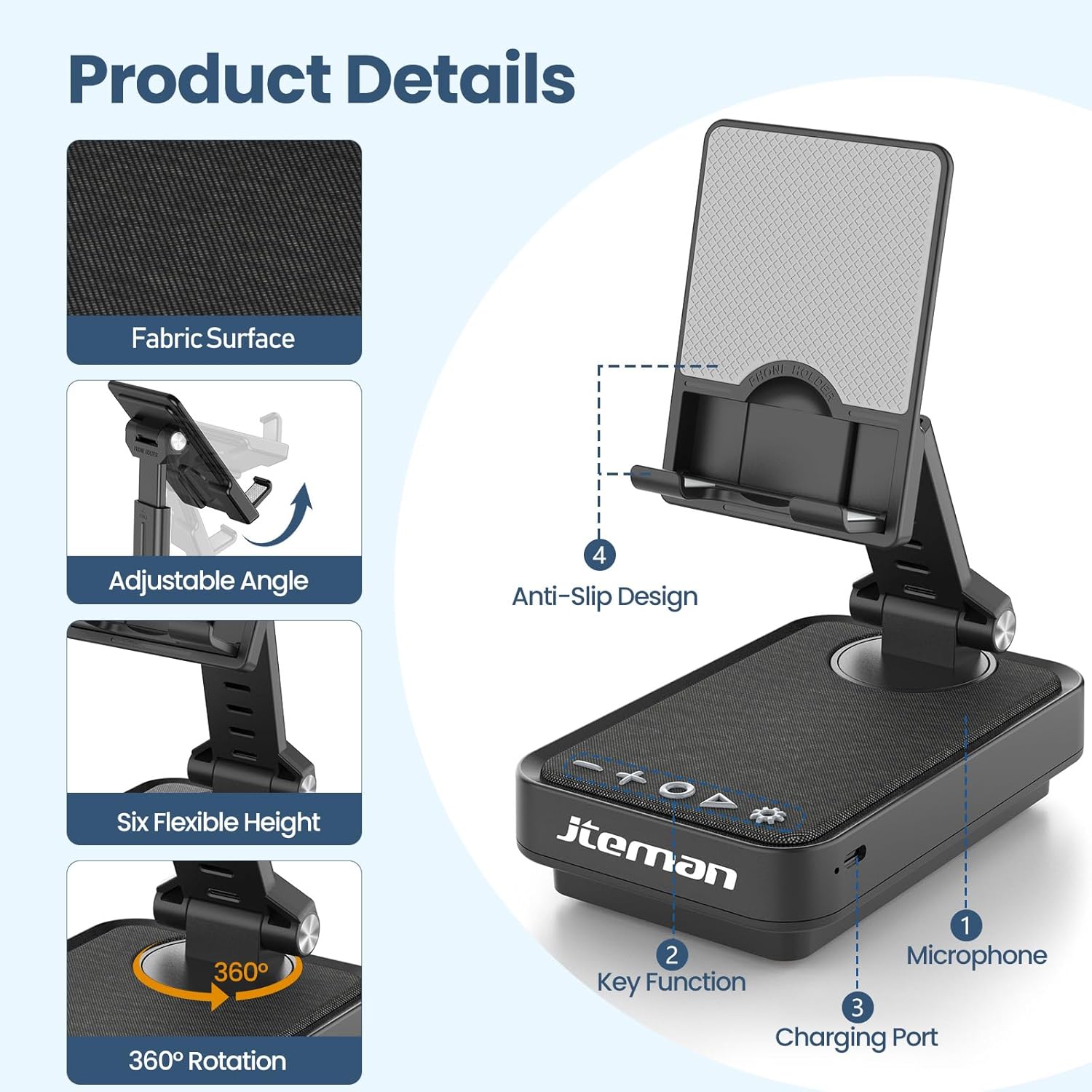 Diagram showing product details including microphone, key functions, charging port, and anti-slip design.