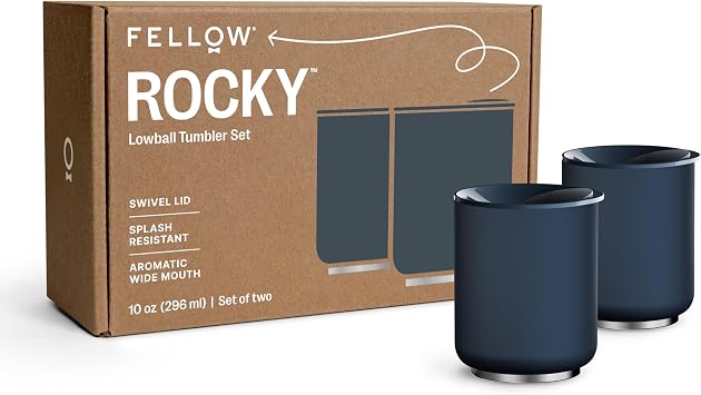 Fellow Rocky Lowball Tumbler Set of 2 - Insulated Stainless Steel Cocktail Tumblers with Ceramic Interior and Swivel Pebble Lid - 10 oz, Stone Blue