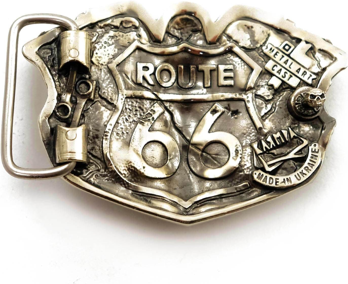 German silver belt buckle Route 66, Handmade biker solid Nickel silver belt buckle with motorcycle and skull