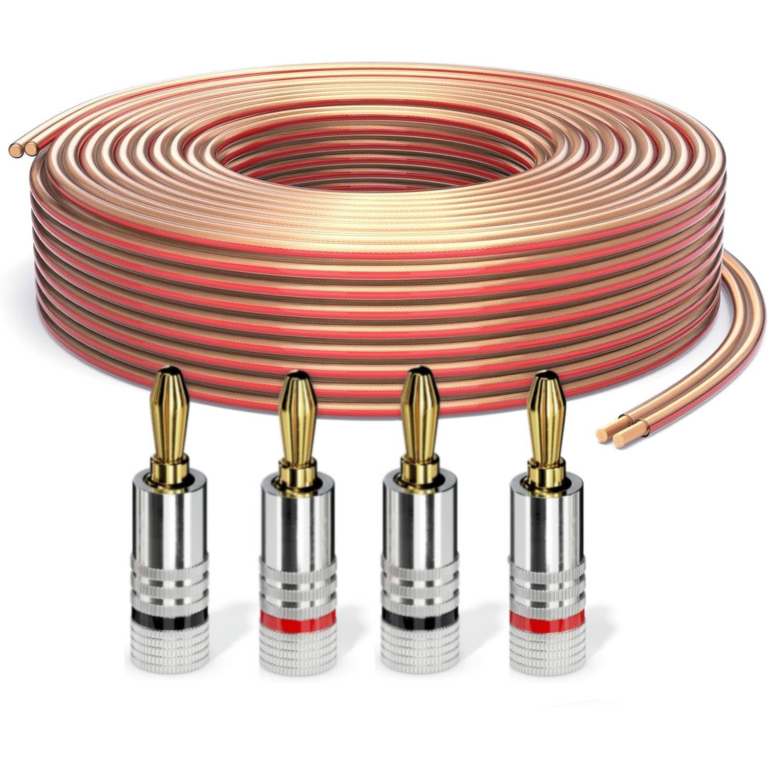 PureLink Cavo per altoparlanti con connettori a banana, cavo audio OFC 2x2,50mm² (0,20mm), 10,0m, 4 connettori, rame puro per casse HiFi e subwoofer, marcatura polarità, trasparente