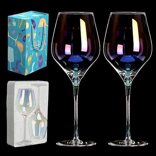 Juego de 2 copas de vino sopladas a mano de 22 onzas, copas de vino blanco y tinto. Copas iridiscentes de cristal premium sin plomo. Ligeras para la