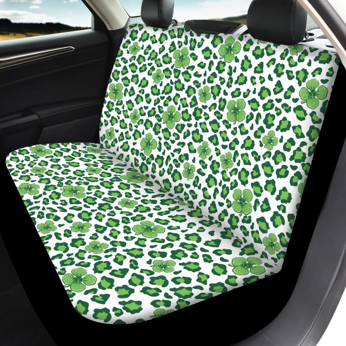 Clover Green Leopard Car Seat Covers Full Set Universal Auto Low Back Front Washable Seat Covers Split Bench Rear Seat Protector