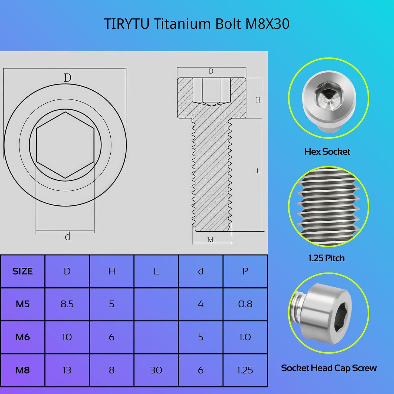 M8x30mm Titanium Bolts - Hex Socket Screws for Bike, Motorcycle, Marine | Corrosion Resistant in Salty/Humid Conditions, Lightweight Fasteners | Natural Color （6PC