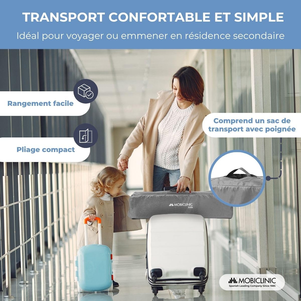 Mobiclinic Lit Parapluie Bébé 2 en 1 Pliage Ultra-Compact Matelas Amovible Jusqu'à 15kg Tissu Respirant Parc pour bébé Gris