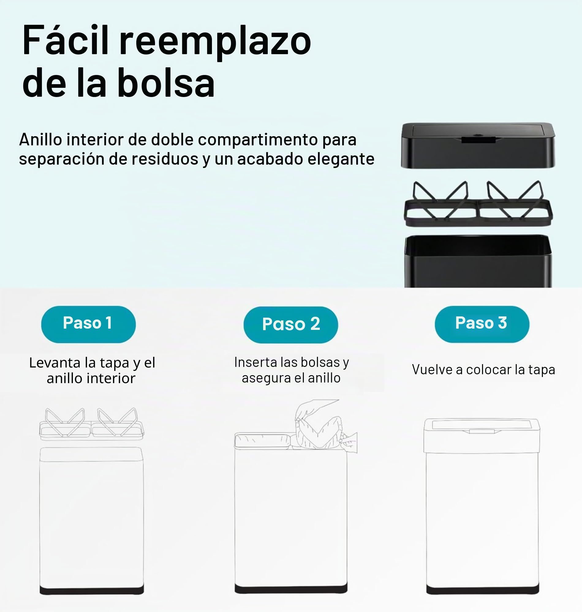 Five Stars Papelera con Sensor - 60 Litros / 2x 30 Litros - Separación de residuos - Basura de acero inoxidable - Papelera 2 compartimentos - Papelera - Papelera - Basurero - Tapa de cierre suave