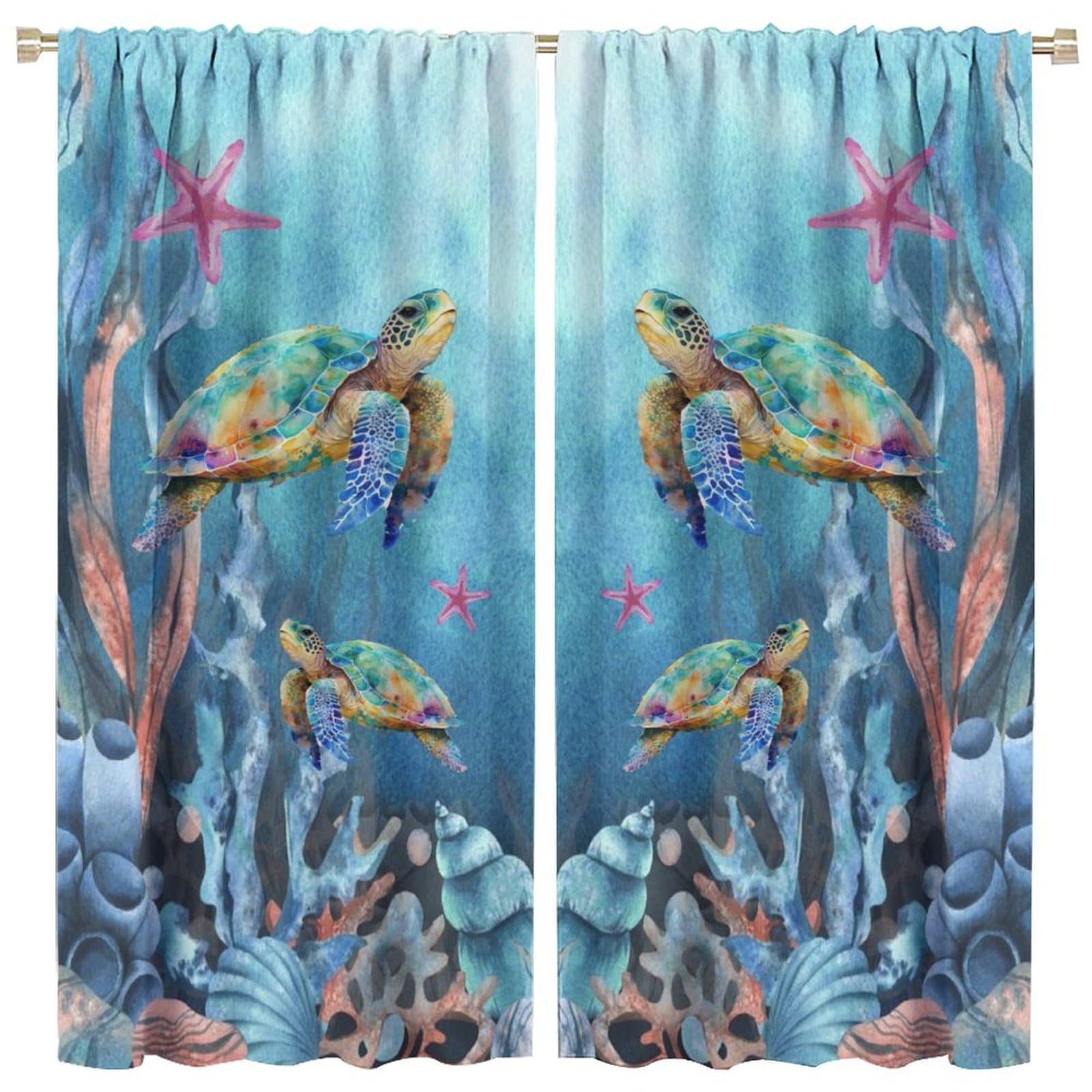 Sea Turtle Nautical Blackout Curtains Ocean Undersea Animal Seashell Mint Green Marine Life Plant Coral Seaweed Drapes Curtains for Kids Bedroom