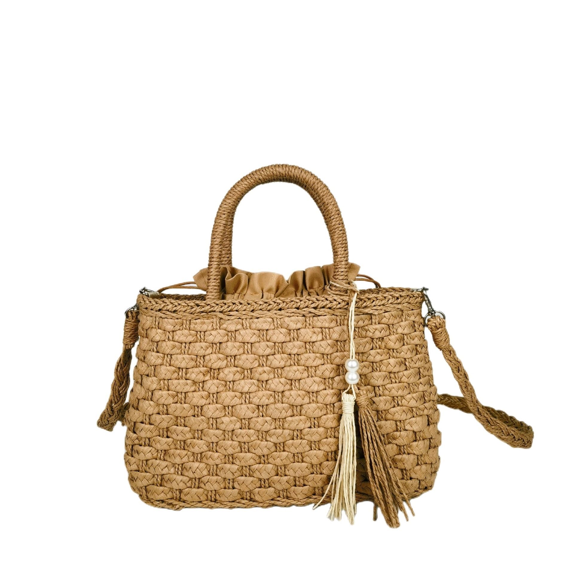Sac fourre-tout en paille kaki tressé avec pompons