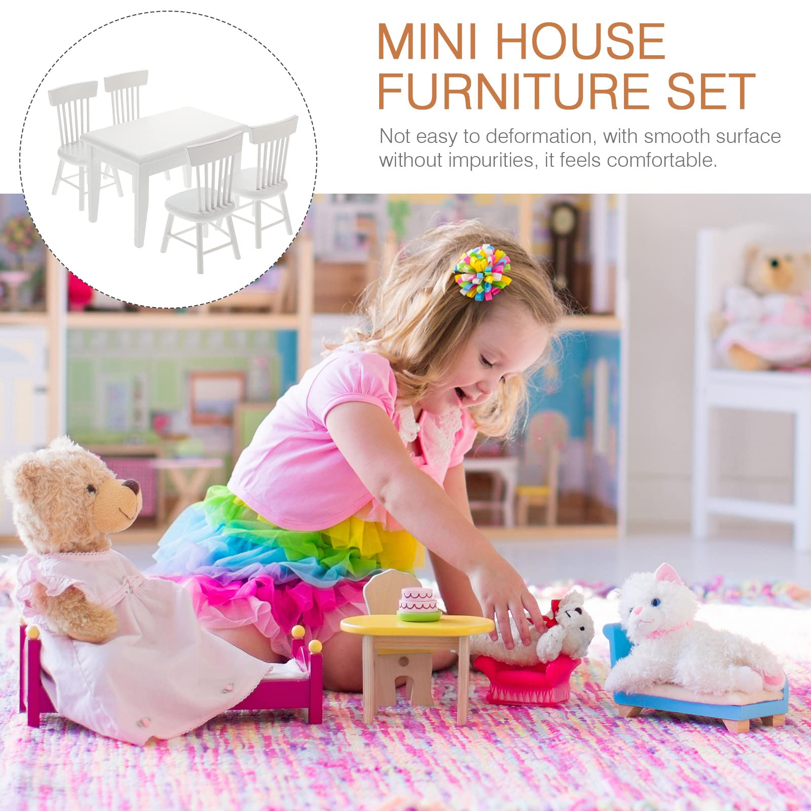 TOYANDONA 1/12 Dollhouse Table Chair Set, 5pcs Wooden Miniature Table Chairs Model Kids Pretend Toys for Dollhouse Dining Room (White) - Image 3