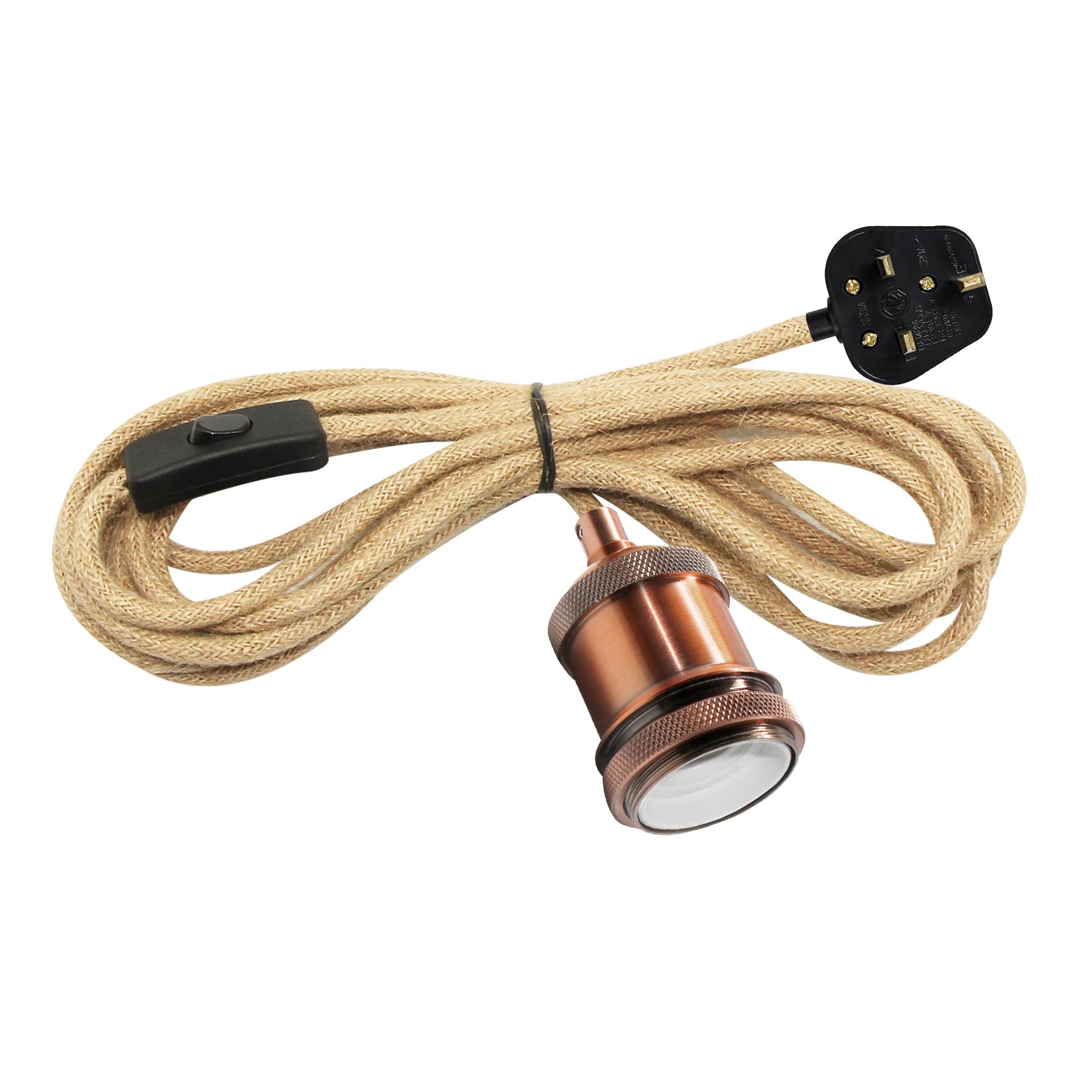 Hemp Rope Plug in Pendant Lighting Cord, 5M Cable E27 Lamp Holder with Switch, Plug in Ceiling Light, Vintage Hanging Rope Light Fitting, Rustic Style, Suitable for Various Lampshade, Red