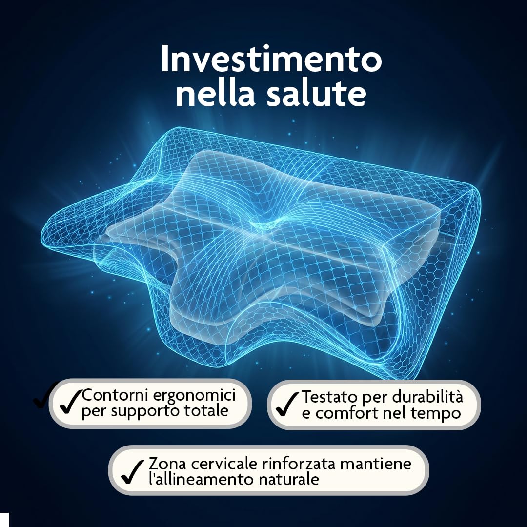 Cuscino Cervicale per Dormire a Farfalla in Memory Foam, Supporto Ortopedico Ergonomico Laterale, Supino e Proni, Federa Sfoderabile e Lavabile, Certificato OEKO-TEX Standard 100, 62x38x13 cm