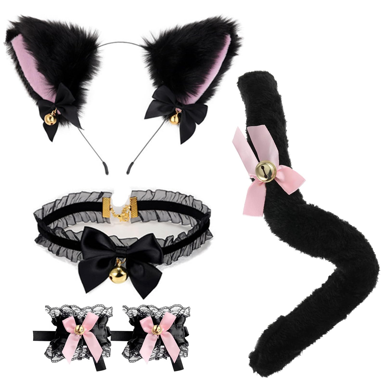 Cat Cosplay Halloween Costume Set Cat Ear Headband Chocker Necklace Plush Furry Tail Lace Wristband Masquerade Costume Accessories for Women Halloween Theme Party (Lace Collar)
