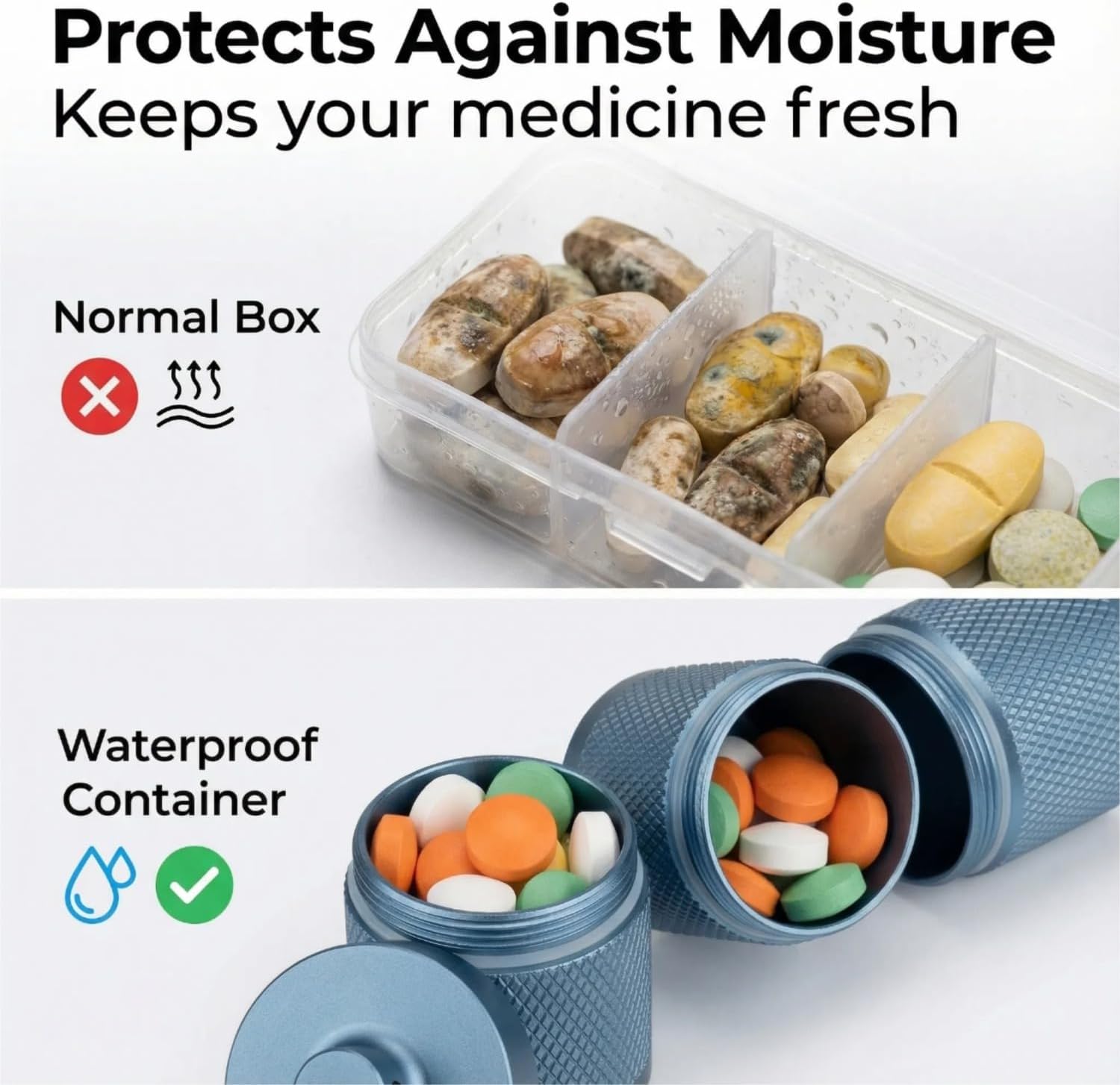Waterproof Keychain Pill Holder - 3-Compartment, Blue