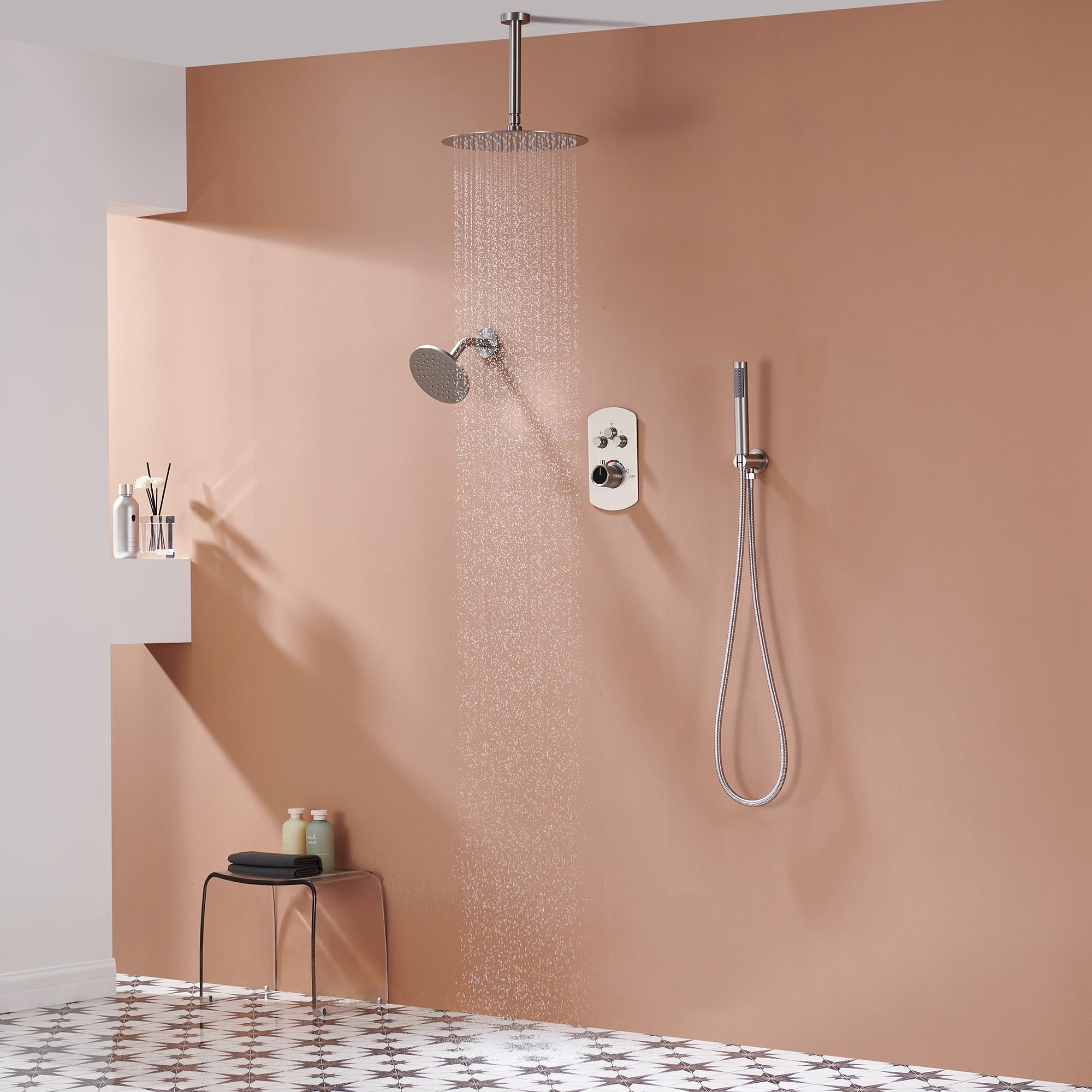 MONDAWE Duschsystem 30,5 Cm Deckenmontiert – Gebürstetes Nickel, Mit Regenkopf & Handbrause