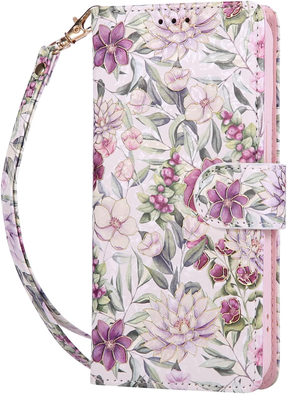 UEEBAI Wallet Case for iPhone 15, PU Leather Phone Case Kickstand RFID Blocking Flip Case Card Slots Wrist Strap Relief Engraved Pattern Magnetic Closure Flower Folio Case, Violet - Image 7