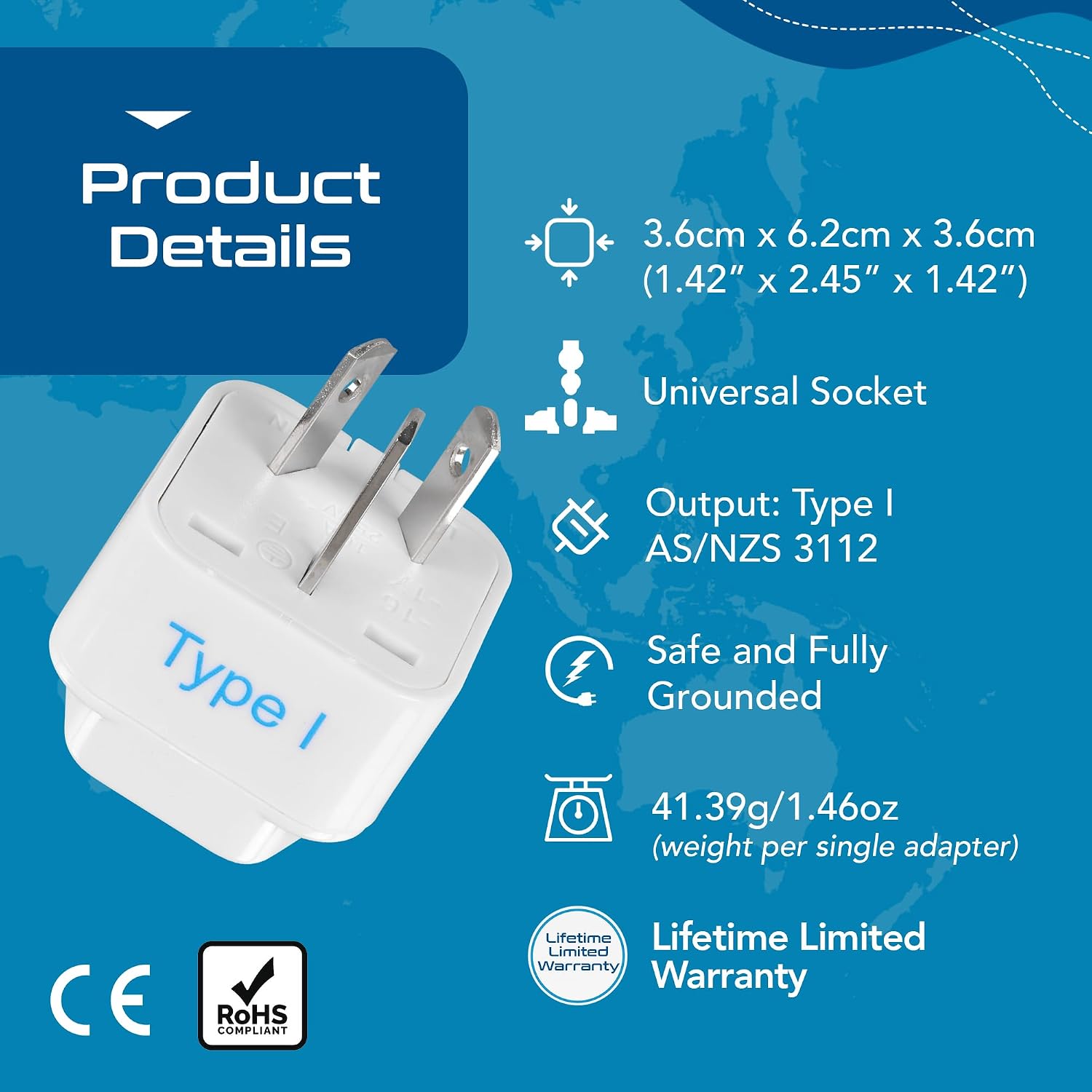 Ceptics Australia, China, New Zealand Travel Plug Adapter (Type I) - 3 Pack [Grounded & Universal] (GP-16-3PK) image 4